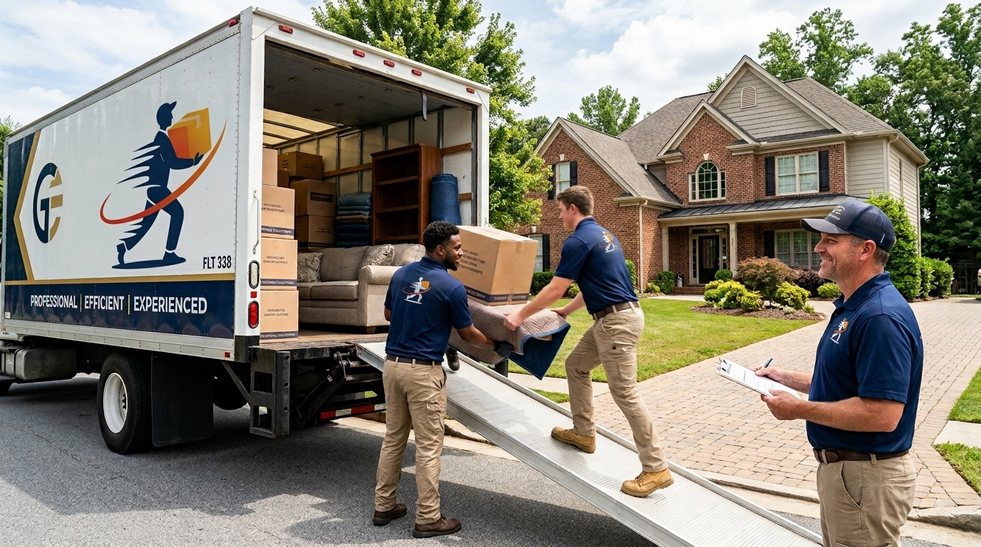 A Go Experts crew loading a customer's furniture into the truck outside a home.